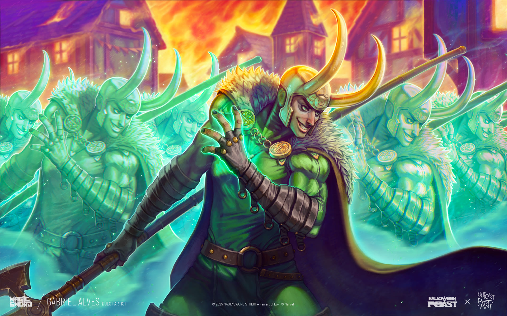 Loki from Marvel, fan art trading card illustrated by Gabriel Alves for Halloween Feast 2025: Outcast Party by Magic Sword Studio